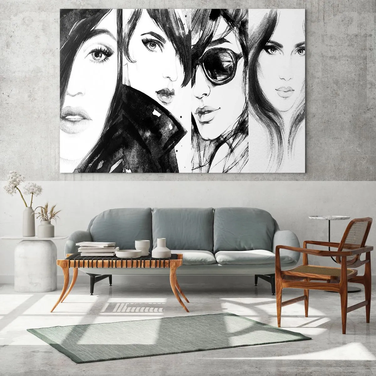 Quadro em vidro - Retratos esboçados de mulheres em preto e branco - 70x50cm - Beleza multiplicada - Decoração de parede moderna para a sala de estar e quarto ARTTOR