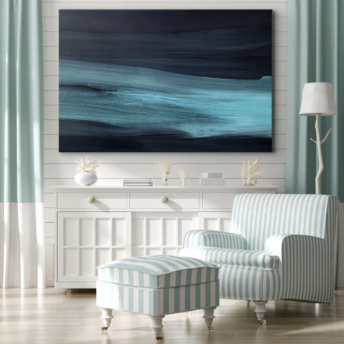Quadro em tela - Ondas abstratas sutis em tons escuros de azul - 70x50cm - Vá com o fluxo - Decoração de parede moderna para a sala de estar e quarto ARTTOR