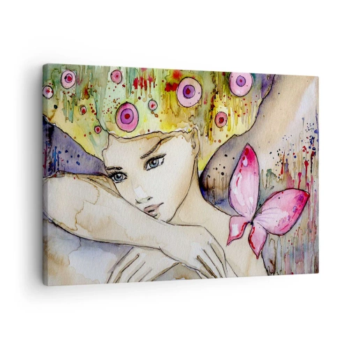 Quadro em tela - Uma mulher com um penteado abstrato e uma borboleta rosa - 70x50cm - Princesa borboleta - Decoração de parede moderna para a sala de estar e quarto ARTTOR