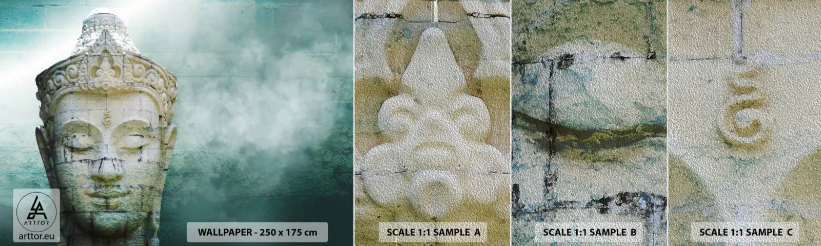 Amostra de papel de parede Premium Sand - Em busca da luz - Buda, estátua de Buda, Ásia - 100x30 cm