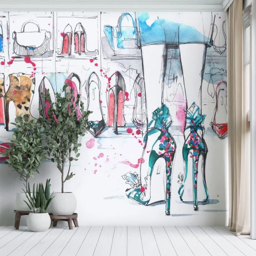 Papel de Parede Standard Eco - Ilustração artística de sapatos e pernas de uma mulher em um camarim - 100x70cm - Abre-te, sésamo - Decoração de parede moderna para a sala de estar e quarto ARTTOR