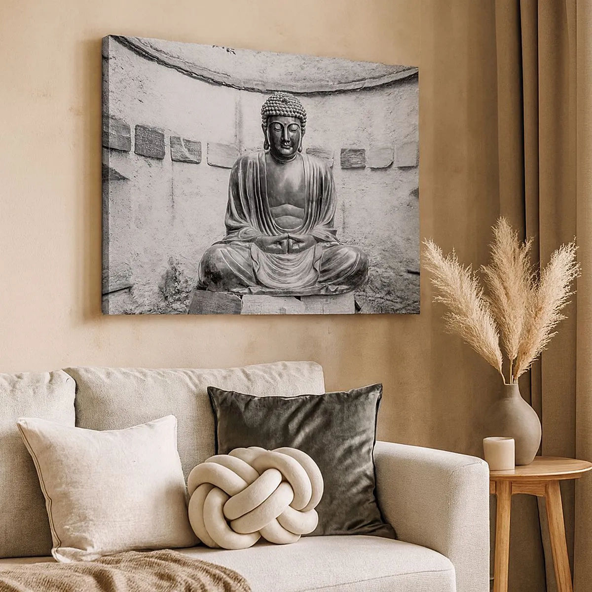Quadro em tela - Estátua de Buda em preto e branco em pose meditativa - 70x50cm - Na fonte da paz - Decoração de parede moderna para a sala de estar e quarto ARTTOR