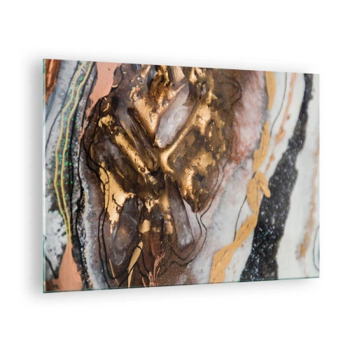 Quadro em vidro - Uma pintura abstrata em tons de dourado, marrom e branco com uma textura semelhante a mineral. - 70x50cm - O elemento terra - Decoração de parede moderna para a sala de estar e quarto ARTTOR