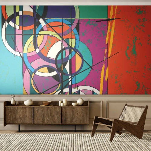 Papel de Parede Standard Eco - Abstração colorida com círculos geométricos - 100x70cm - Círculo entre círculos - Decoração de parede moderna para a sala de estar e quarto ARTTOR