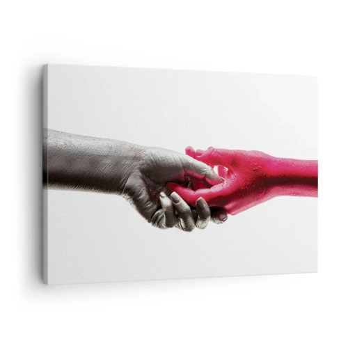 Quadro em tela - Mãos simbólicas em prata e vermelho - 70x50cm - Juntos, mas diferentes - Decoração de parede moderna para a sala de estar e quarto ARTTOR