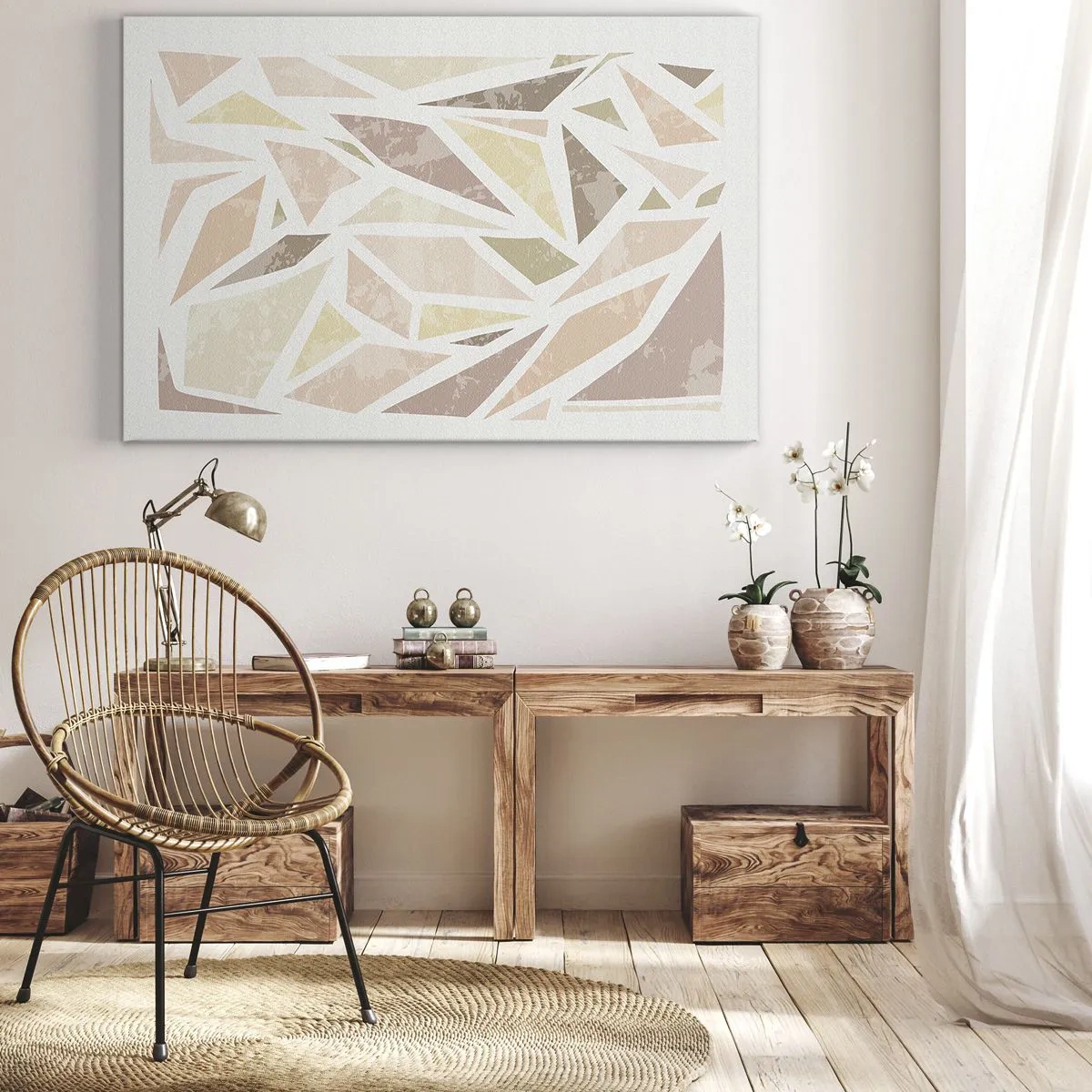 Quadro em tela - Formas geométricas abstratas em cores pastel - 70x50cm - Composição de vitral - Decoração de parede moderna para a sala de estar e quarto ARTTOR