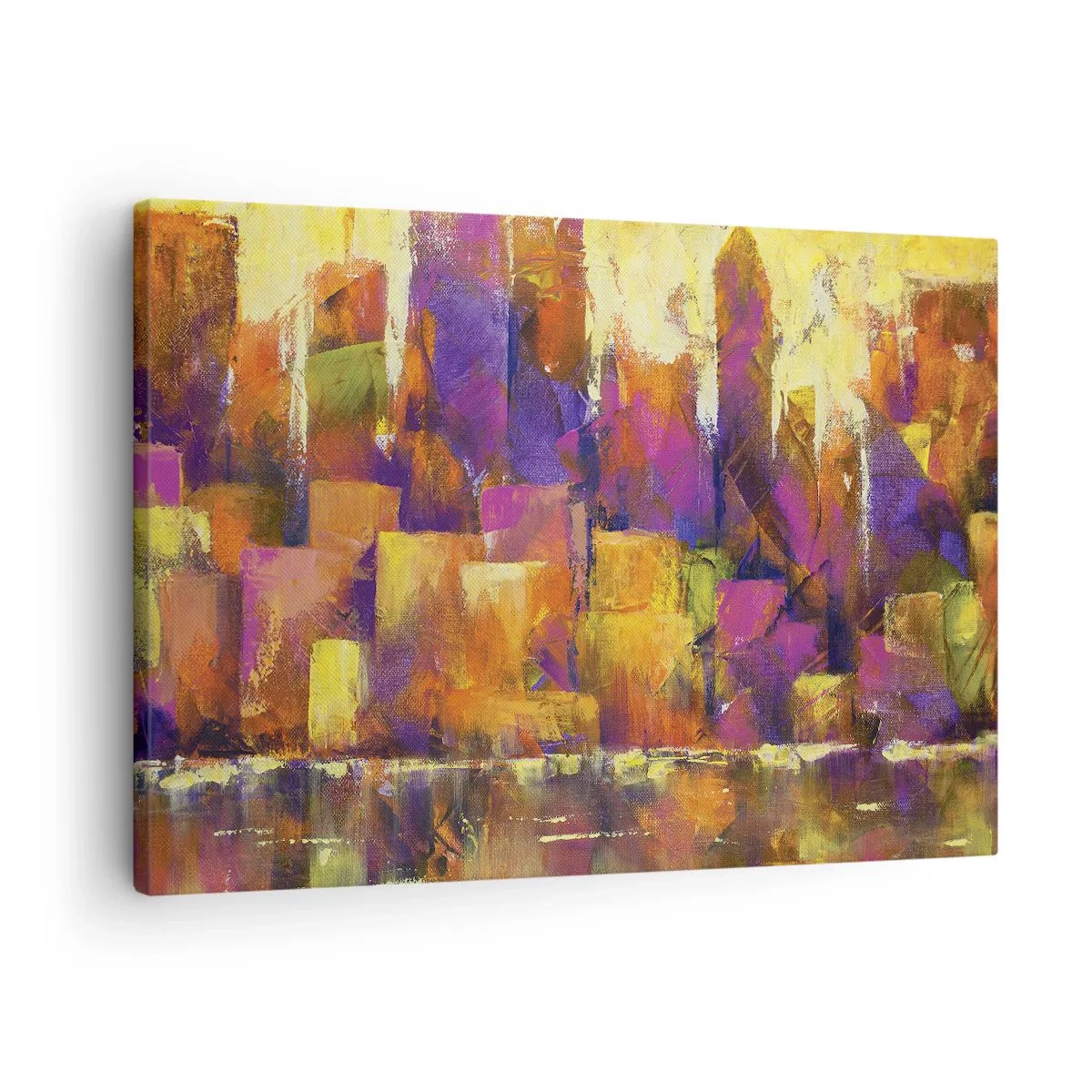 Quadro em tela - Composição abstrata de uma metrópole em tons de amarelo e roxo - 70x50cm - Composição metropolitana - Decoração de parede moderna para a sala de estar e quarto ARTTOR
