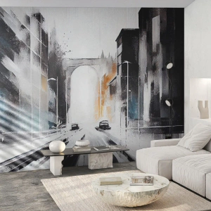 Papel de Parede Standard Eco - Uma interpretação moderna de uma rua da cidade com um arco e carros - 100x70cm - Estudo da cidade: arquitetura e movimento - Decoração de parede moderna para a sala de estar e quarto ARTTOR