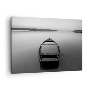 Quadro em tela - Um barco solitário em um lago calmo em tons de preto e branco - 70x50cm - Saudade e melancolia - Decoração de parede moderna para a sala de estar e quarto ARTTOR