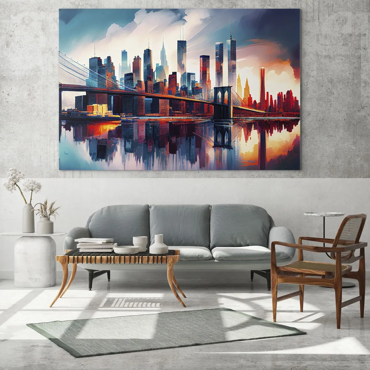 Quadro em vidro - Panorama da cidade com uma ponte contra o céu colorido e reflexo na água - 70x50cm - Nova York dos sonhos - Decoração de parede moderna para a sala de estar e quarto ARTTOR
