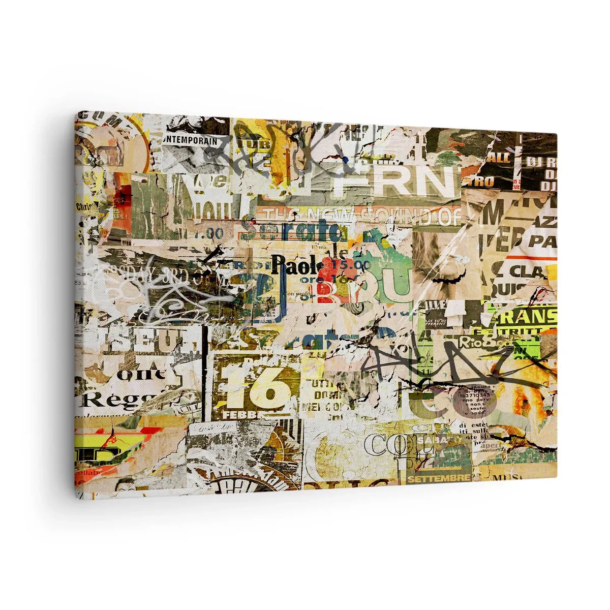 Quadro em tela - Uma colagem de fragmentos de jornais e cartazes em estilo artístico. - 70x50cm - O caos - Decoração de parede moderna para a sala de estar e quarto ARTTOR