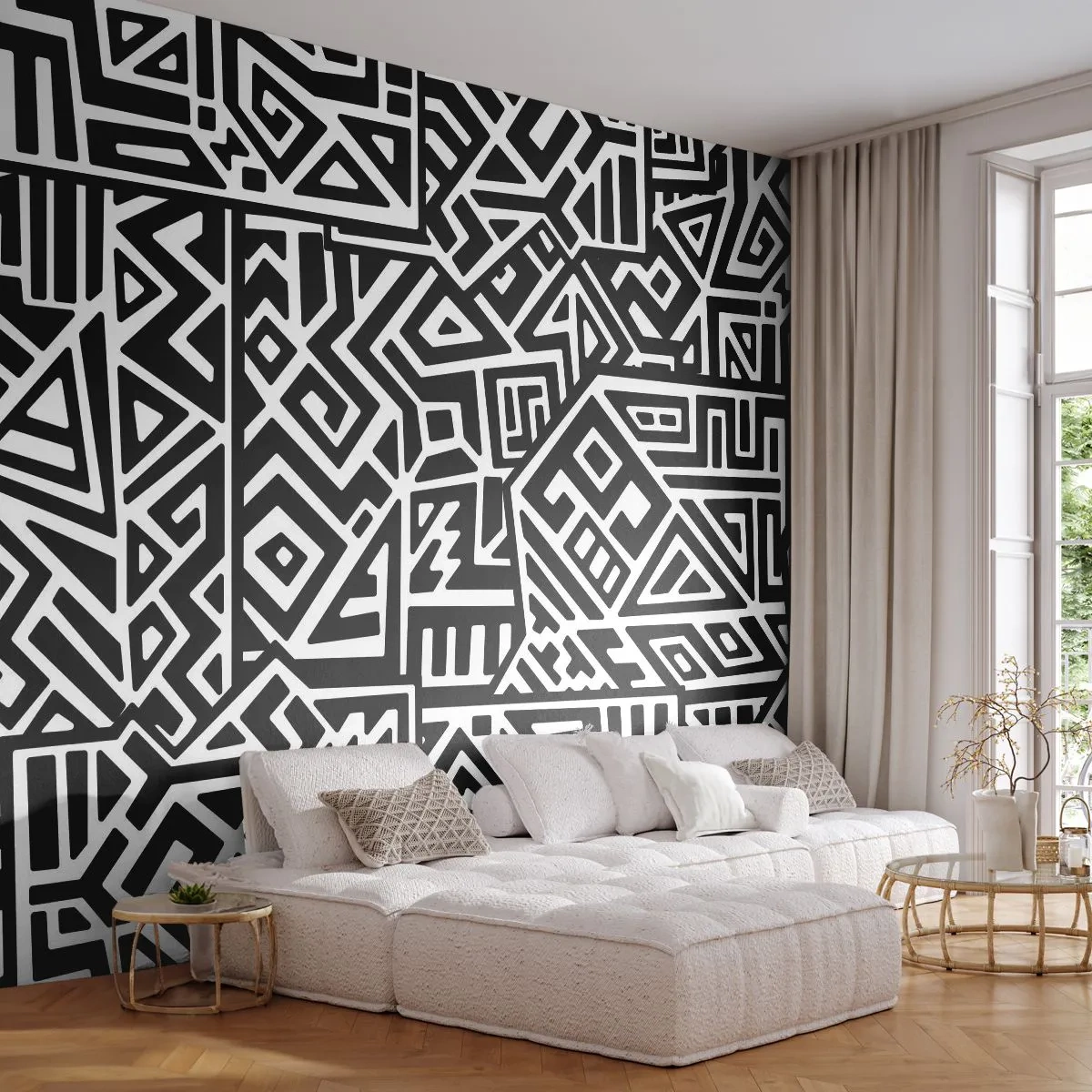 Papel de Parede Premium Sand - Composição pré-colombiana - Abstração, Pedaço, Preto e branco - 100x70 cm