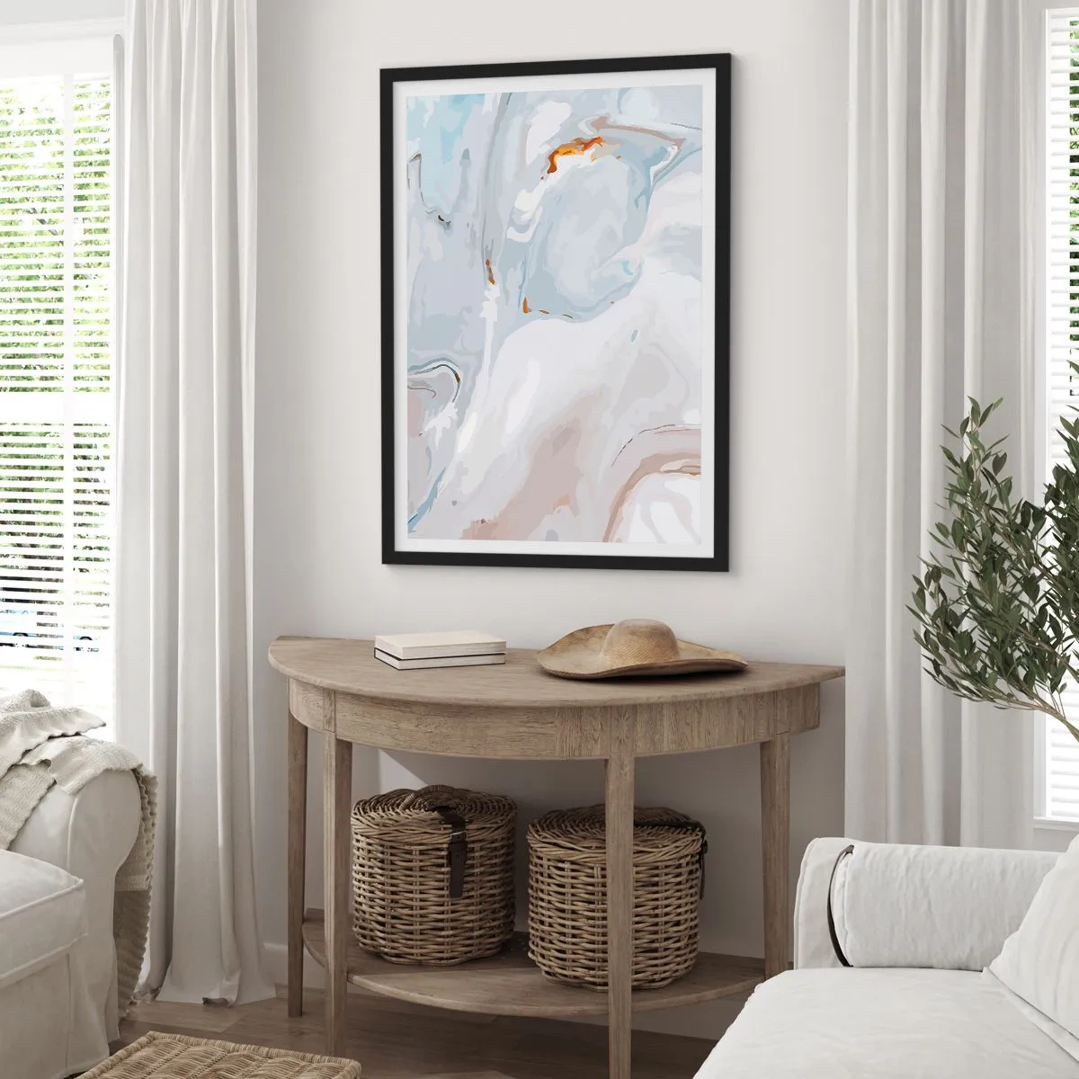 Pôster com moldura preta - Padrão de mármore em tons de azul com detalhes dourados - 50x70cm - Branco elevado - Decoração de parede moderna para a sala de estar e quarto ARTTOR