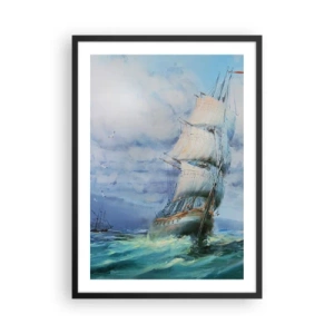 Pôster com moldura preta - Um veleiro em um mar tempestuoso em aquarela - 50x70cm - Bons ventos - Decoração de parede moderna para a sala de estar e quarto ARTTOR