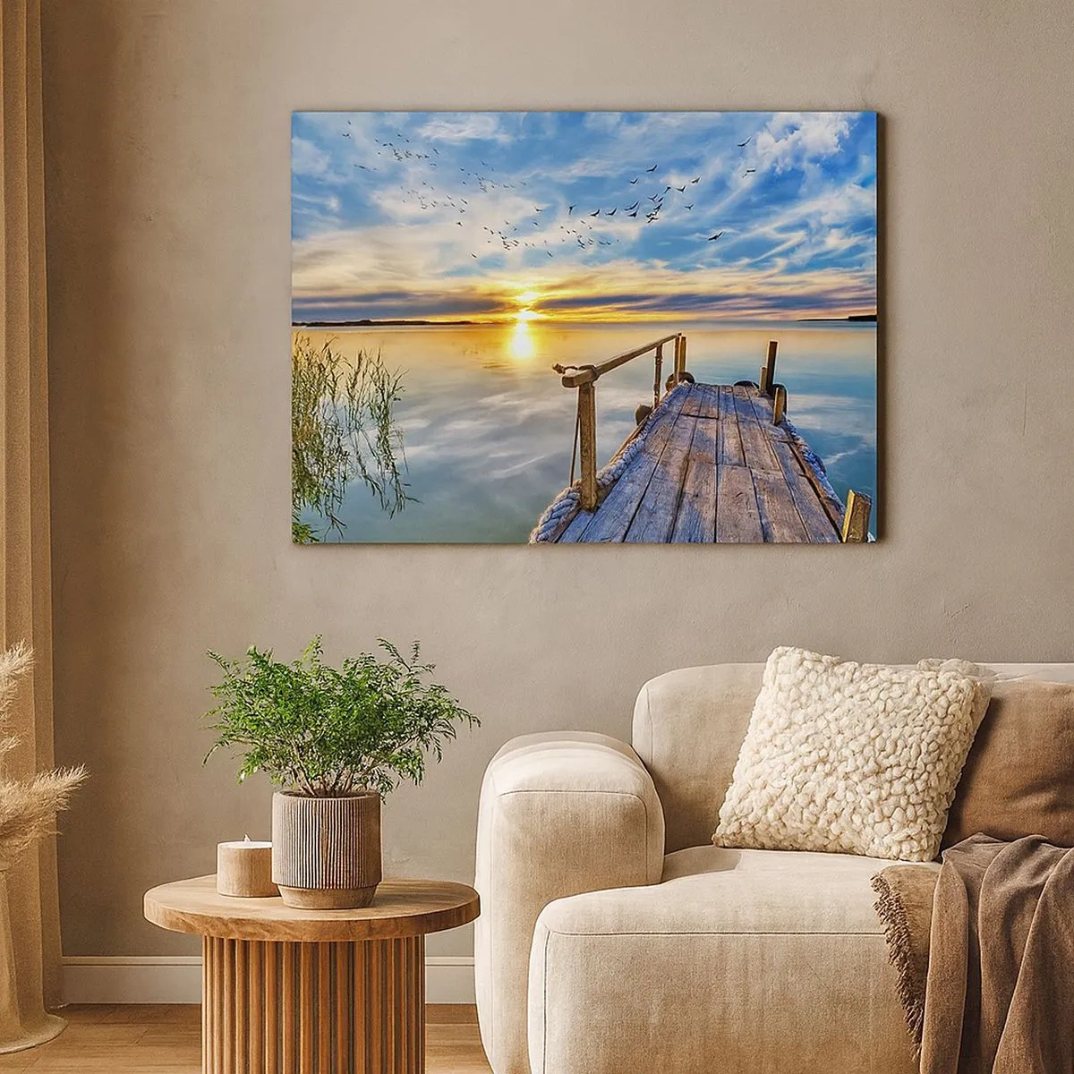 Quadro em tela - Cais de madeira sobre o lago ao pôr do sol - 70x50cm - O vento descansa - Decoração de parede moderna para a sala de estar e quarto ARTTOR