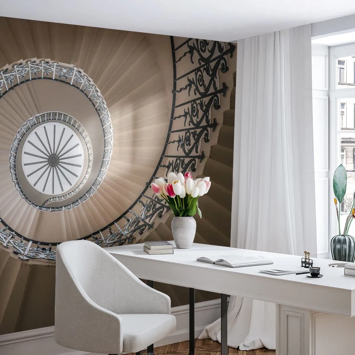 Papel de Parede Premium Sand - Dentro da casca - Escadaria, Encaracolado, Ornamento - 300x210 cm
