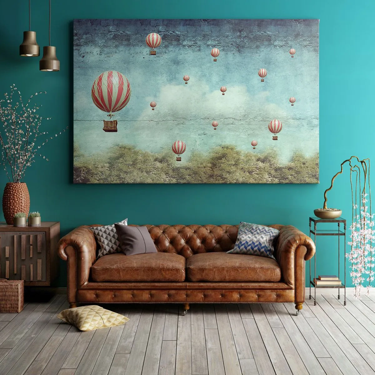 Quadro em tela - Balões retrô contra um fundo de céu azul e vegetação - 70x50cm - Livres da azáfama da vida - Decoração de parede moderna para a sala de estar e quarto ARTTOR