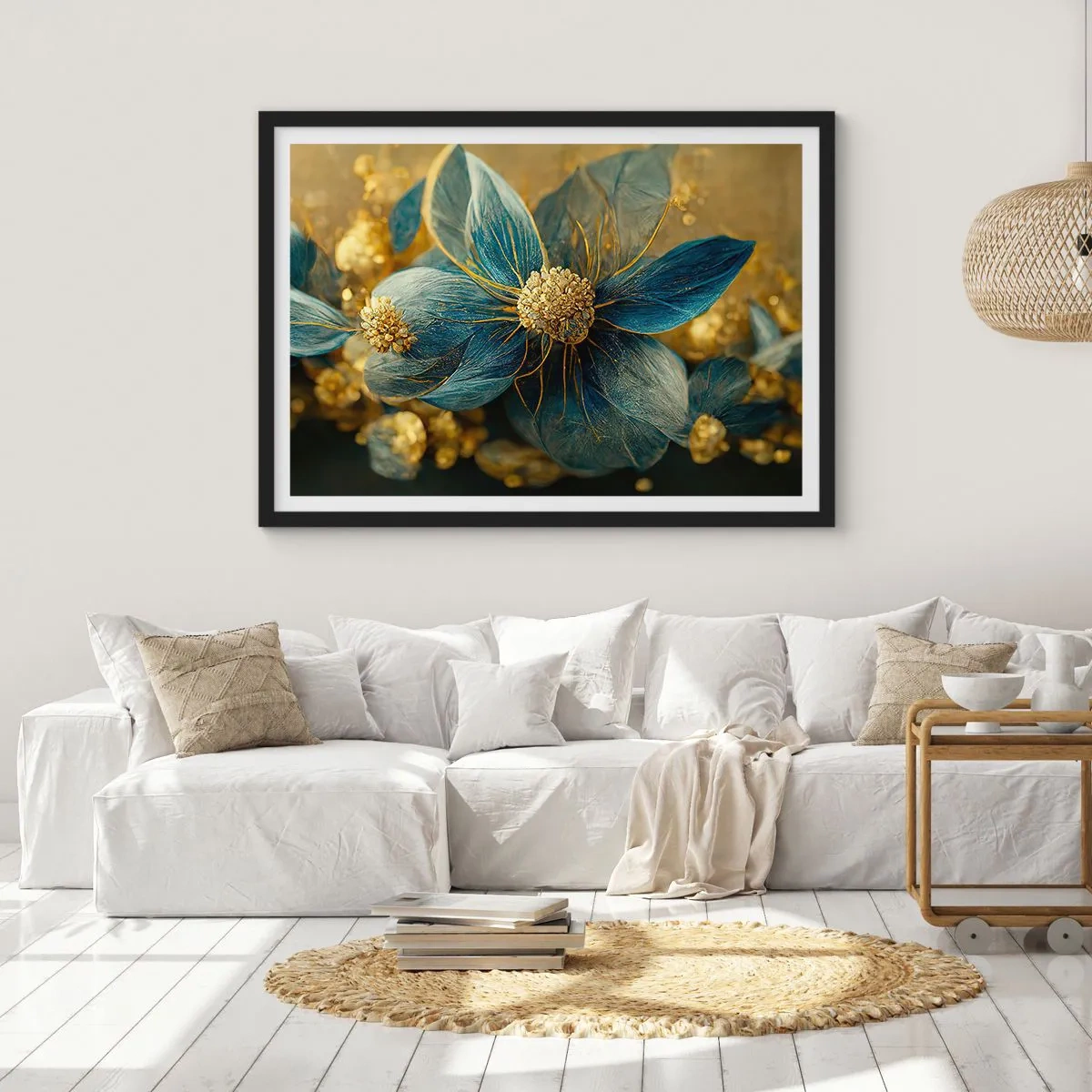 Pôster com moldura preta - Florescer com ouro - 70x50 cm