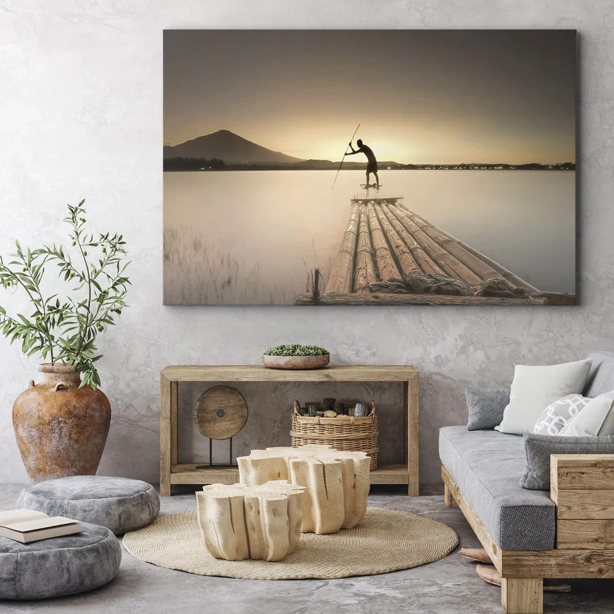 Quadro em tela - Homem em uma jangada ao pôr do sol - 70x50cm - Antes de descansar - Decoração de parede moderna para a sala de estar e quarto ARTTOR