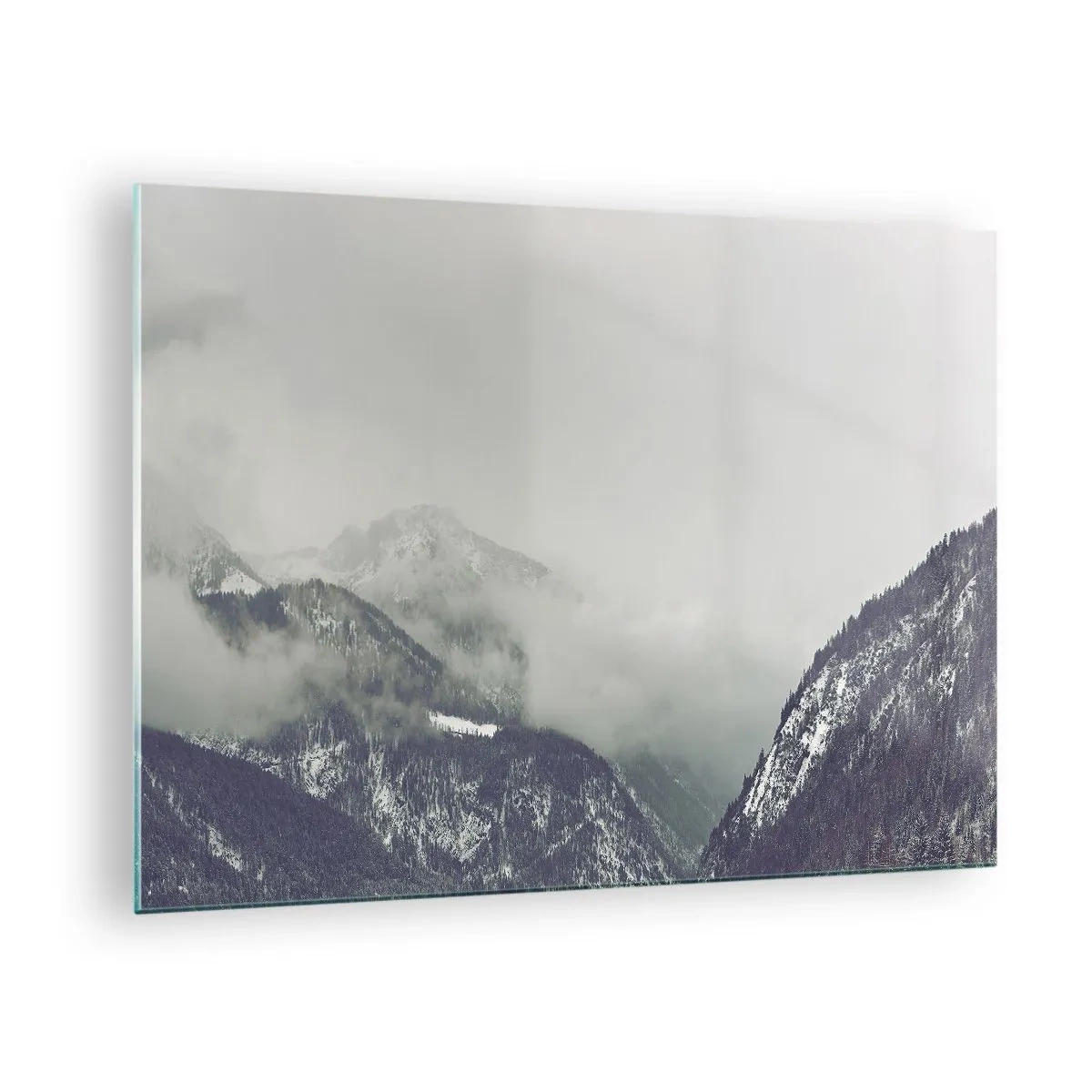 Quadro em vidro - Um vale montanhoso na neblina em tons de cinza - 70x50cm - Vale nebuloso - Decoração de parede moderna para a sala de estar e quarto ARTTOR
