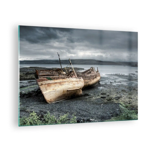 Quadro em vidro - Dois barcos de madeira dilapidados na costa rochosa do lago - 70x50cm - Como simbolo de um trabalho digno - Decoração de parede moderna para a sala de estar e quarto ARTTOR