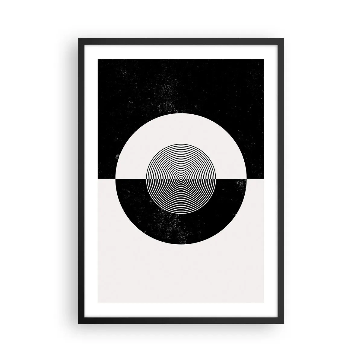 Pôster com moldura preta - Padrão geométrico em preto e branco com um círculo concêntrico - 50x70cm - Harmonia a preto e branco - Decoração de parede moderna para a sala de estar e quarto ARTTOR