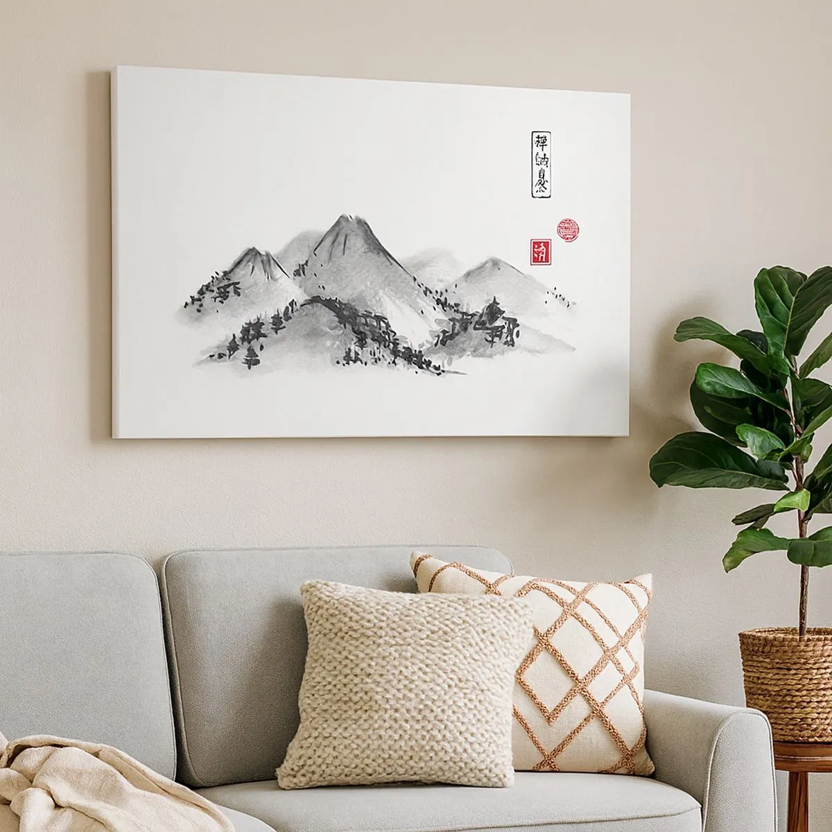 Quadro em tela - Paisagem montanhosa tradicional no estilo da pintura a tinta japonesa - 70x50cm - Para além do vale - Decoração de parede moderna para a sala de estar e quarto ARTTOR