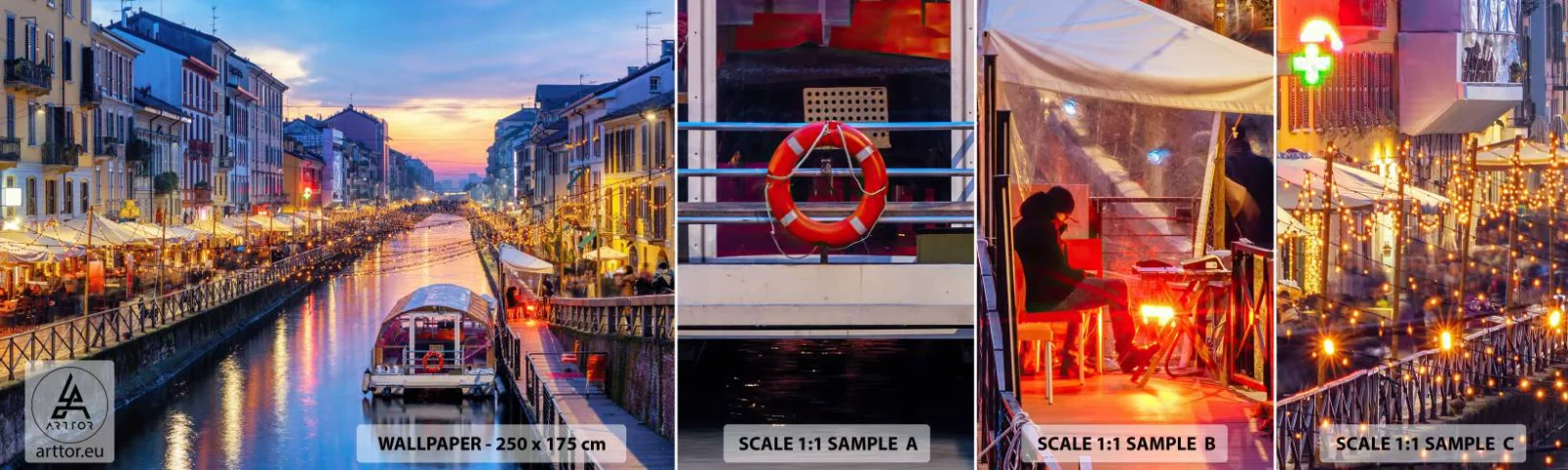 Amostra de papel de parede autocolante Deluxe Sticker - Uma noite de luz e diversão - Cidade, Milão, Itália - 100x30 cm