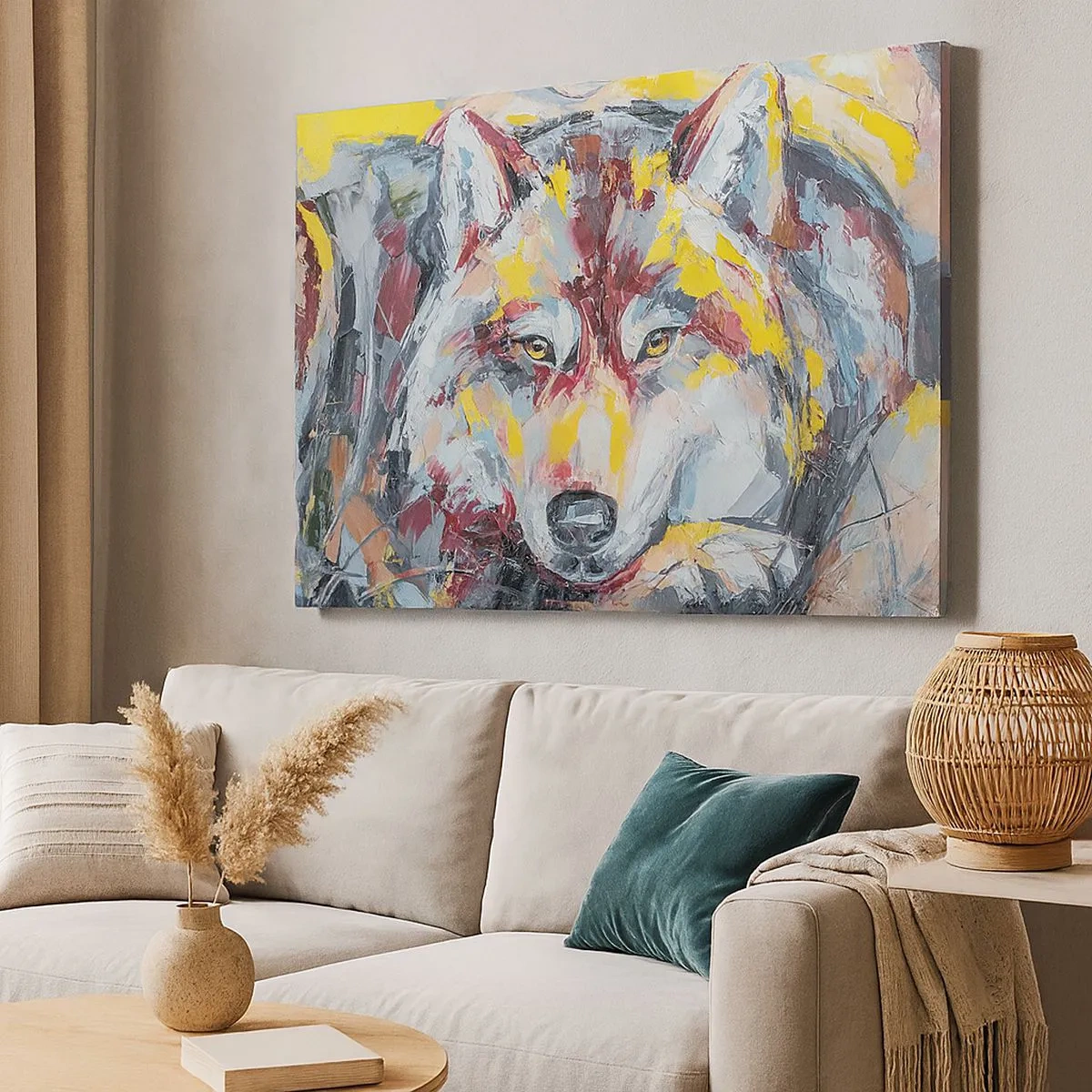 Quadro em tela - Retrato artístico de um lobo em cores intensas - 70x50cm - Paz entre entes queridos - Decoração de parede moderna para a sala de estar e quarto ARTTOR