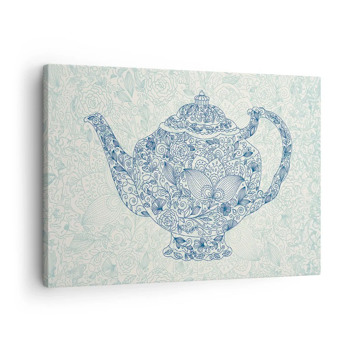 Quadro em tela - Desenho decorativo de um bule com enfeites azuis - 70x50cm - Chás de charme - Decoração de parede moderna para a sala de estar e quarto ARTTOR