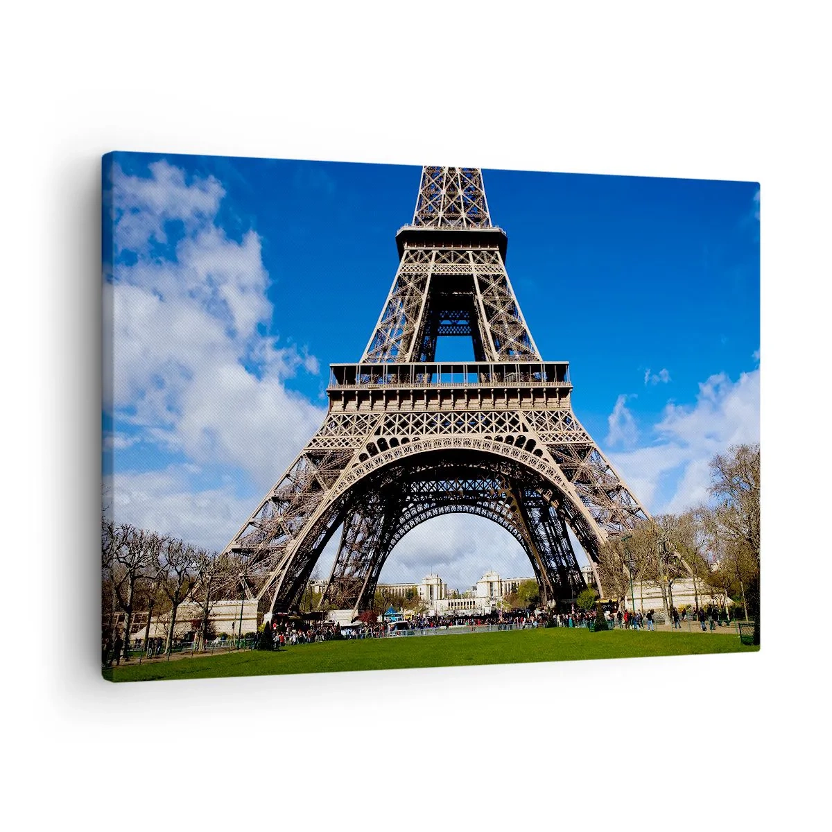 Quadro em tela - A Torre Eiffel contra o fundo de um céu azul e um parque verde - 70x50cm - Toda Paris aos seus pés - Decoração de parede moderna para a sala de estar e quarto ARTTOR