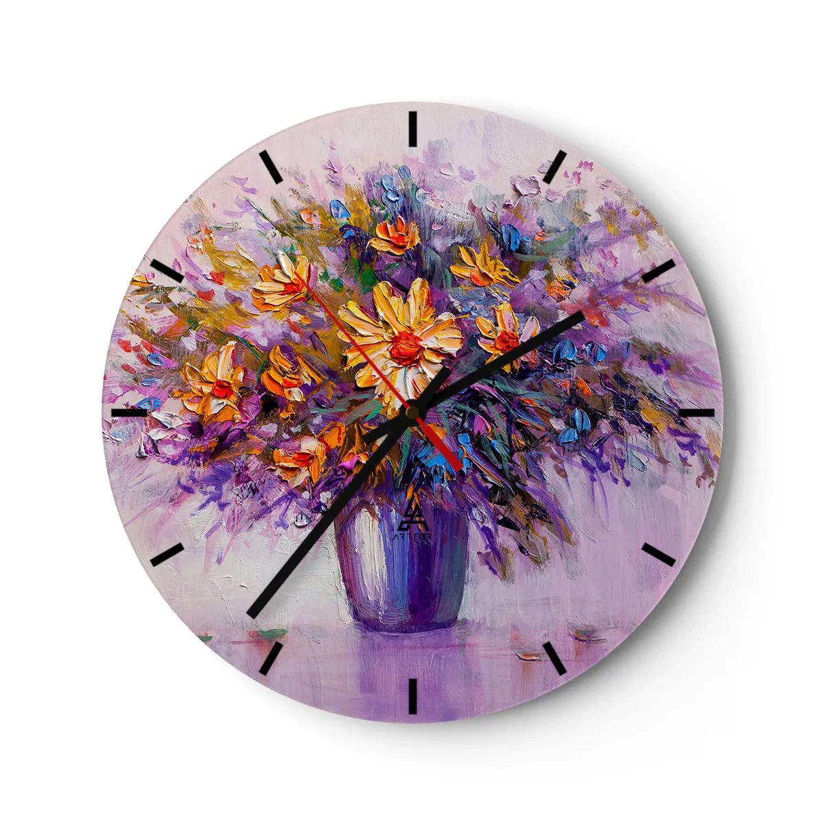 Relógio de parede - Relógio em vidro - Um buquê de flores em roxo com cores intensas - 30x30cm - Cheiro agradável, aparência agradável - Decoração de parede moderna para a sala de estar, cozinha e quarto ARTTOR