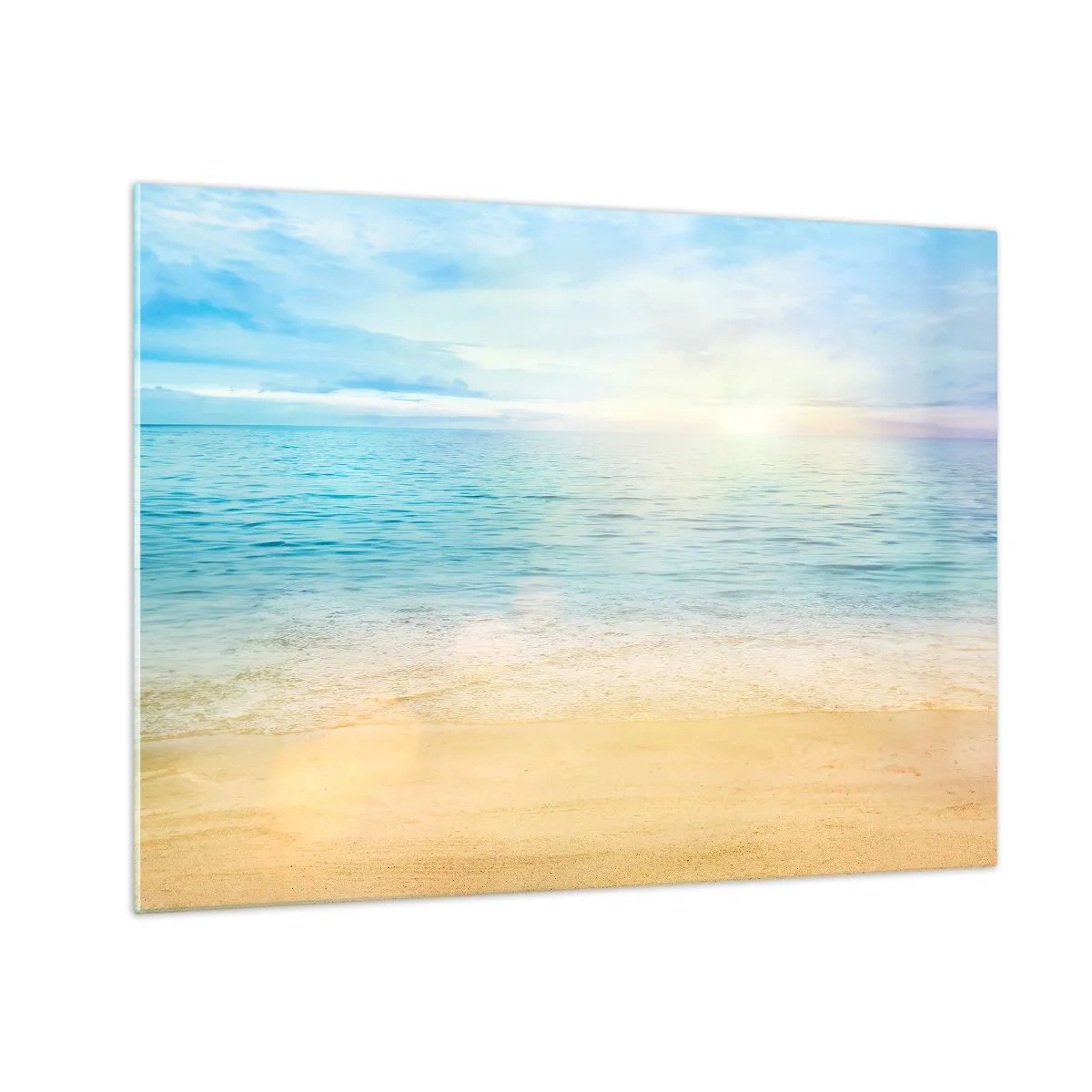 Quadro em vidro - Uma praia ensolarada com mar e céu azuis - 70x50cm - Grande azul - Decoração de parede moderna para a sala de estar e quarto ARTTOR