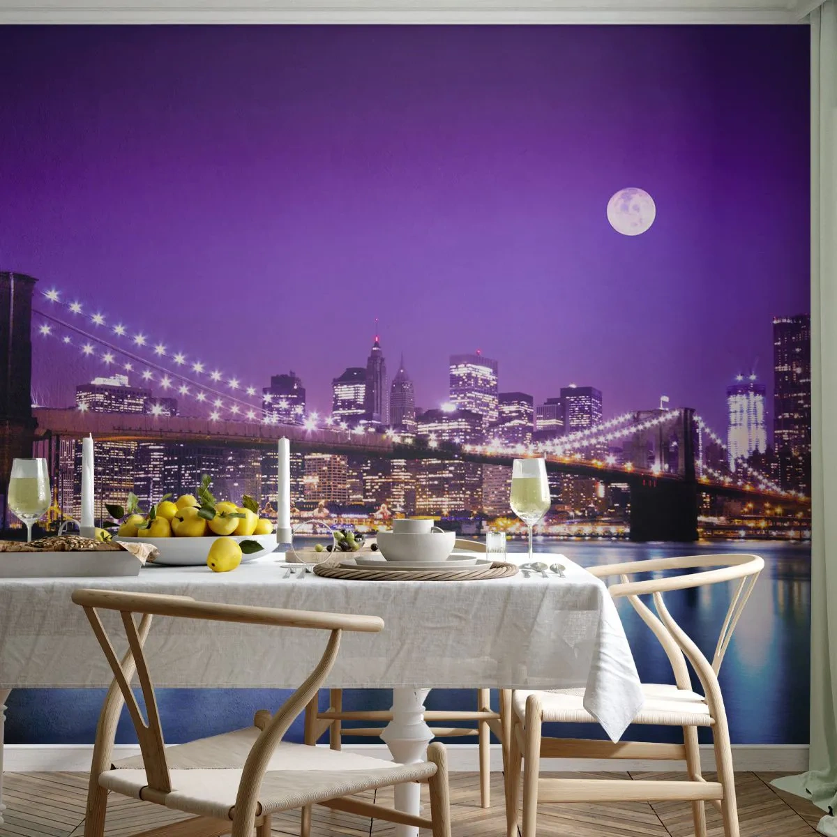 Papel de Parede Premium Canvas - Luzes de uma grande cidade em roxo - Cidade, Nova Iorque, Ponte do Brooklyn - 350x256 cm