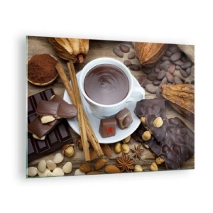 Quadro em vidro - Uma xícara de chocolate quente com coberturas em um fundo rústico - 70x50cm - Da fábrica de chocolate de conto de fadas - Decoração de parede moderna para a sala de estar e quarto ARTTOR