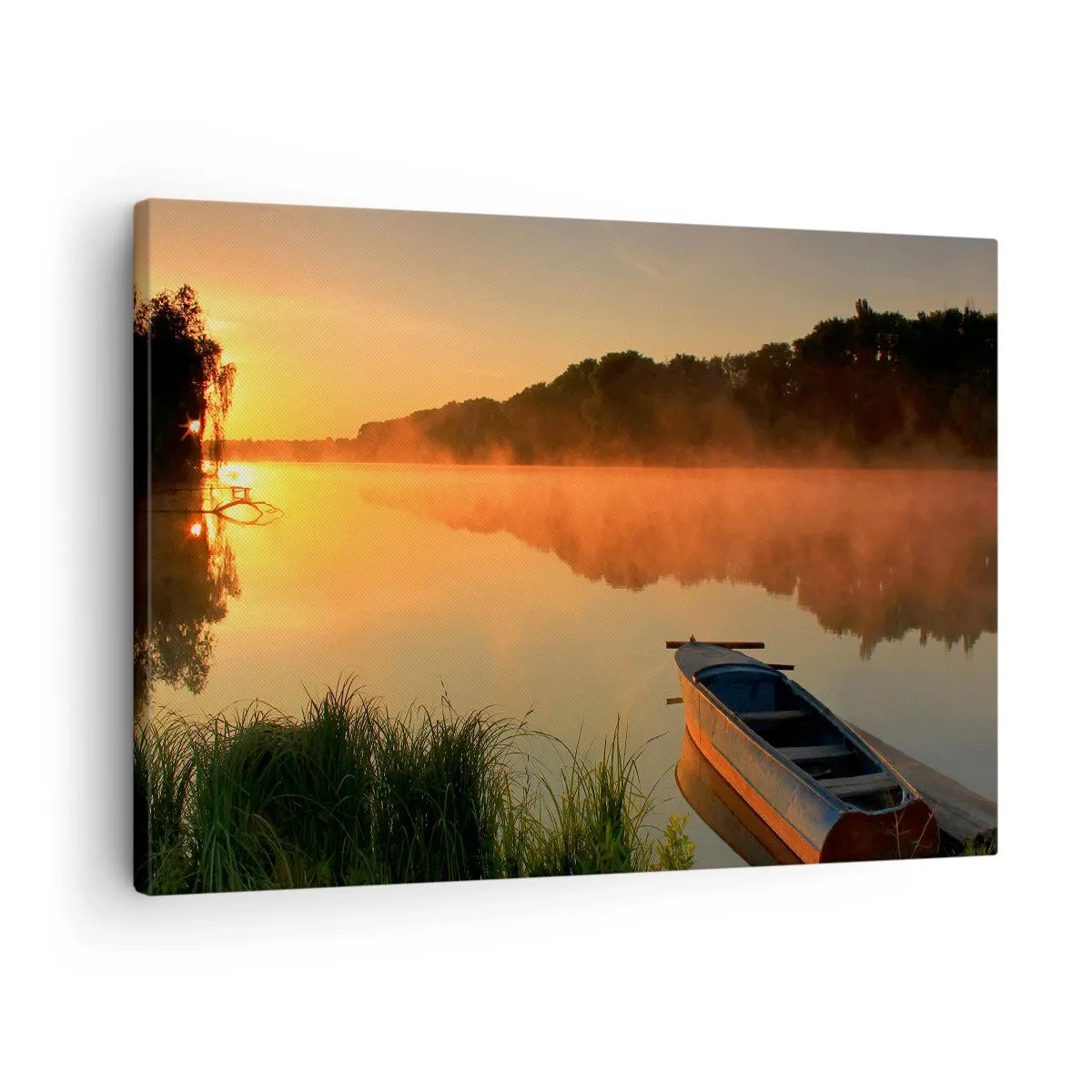 Quadro em tela - Névoa matinal sobre o rio com um barco sob os raios do sol - 70x50cm - Nascer do sol sobre a água como um espelho - Decoração de parede moderna para a sala de estar e quarto ARTTOR