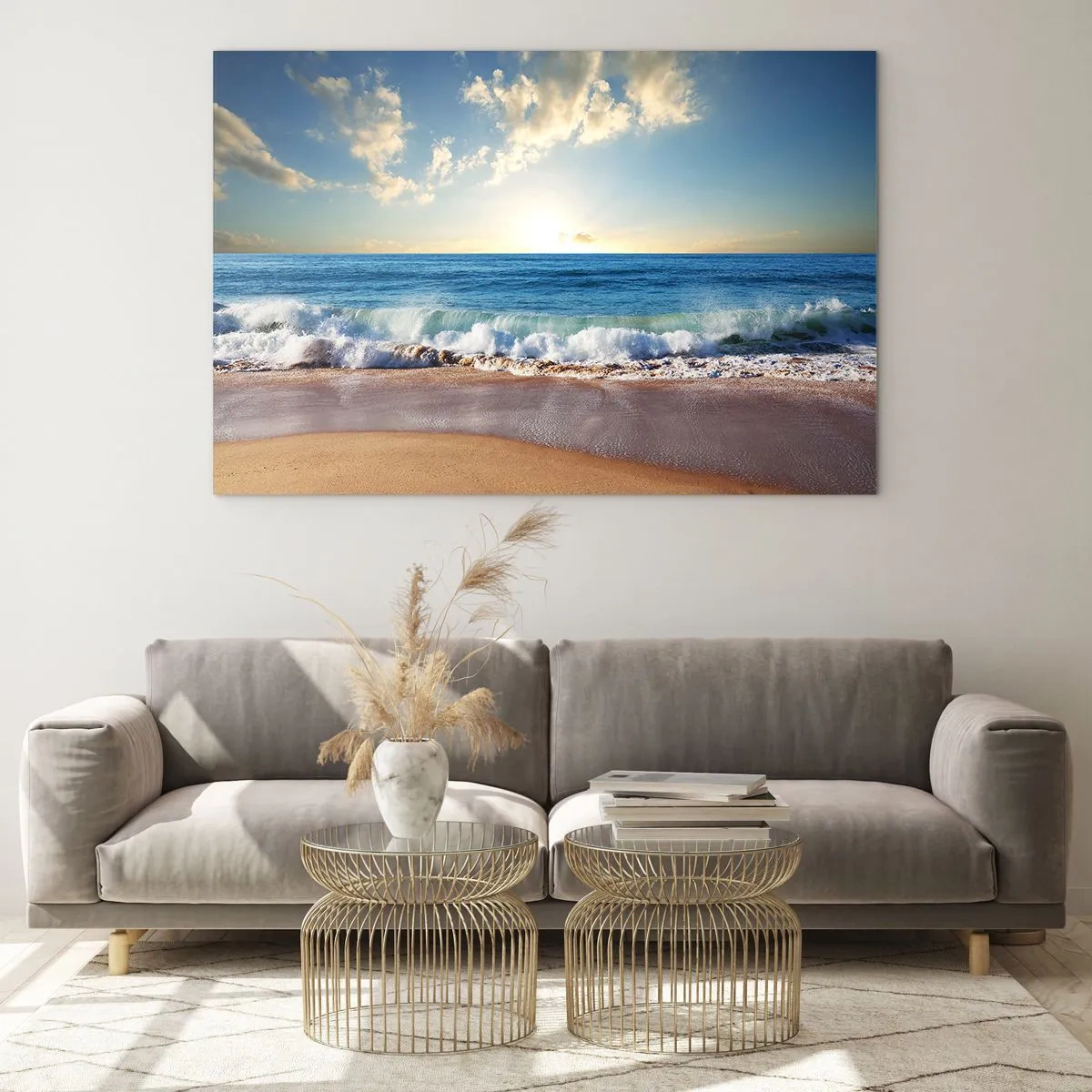 Quadro em vidro - Ondas do oceano quebrando em uma praia dourada ao nascer do sol - 70x50cm - Movimento e quietude ao mesmo tempo - Decoração de parede moderna para a sala de estar e quarto ARTTOR