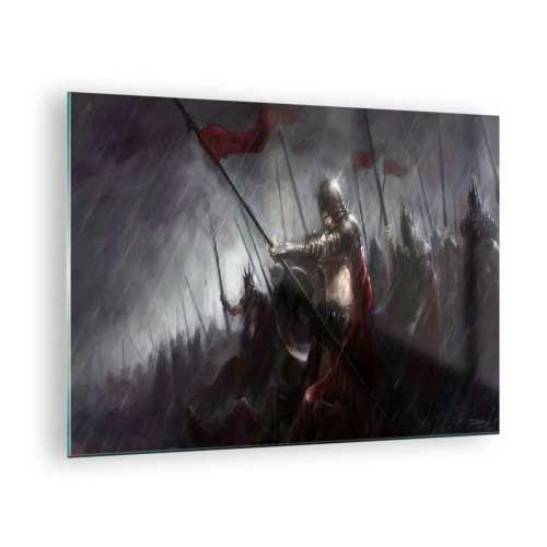 Quadro em vidro - Cavaleiros na chuva no campo de batalha com equipamento completo - 70x50cm - Viajante, vá e diga a Esparta... - Decoração de parede moderna para a sala de estar e quarto ARTTOR