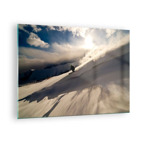 Quadro em vidro - Um esquiador deslizando por uma encosta sob a luz do sol de inverno - 70x50cm - O desafio das montanhas - Decoração de parede moderna para a sala de estar e quarto ARTTOR