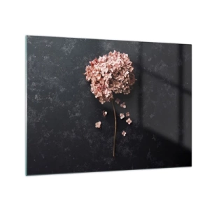 Quadro em vidro - Hortênsia seca com pétalas espalhadas sobre fundo escuro - 70x50cm - Um sinal verdadeiramente romântico - Decoração de parede moderna para a sala de estar e quarto ARTTOR