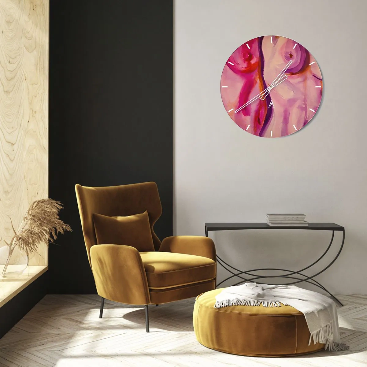 Relógio de parede - Relógio em vidro - Formas abstratas artísticas em tons de rosa e vermelho - 30x30cm - Ode à Feminilidade - Decoração de parede moderna para a sala de estar, cozinha e quarto ARTTOR