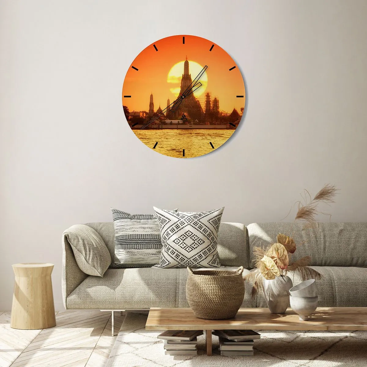 Relógio de parede - Relógio em vidro - O templo à luz do pôr do sol sobre a água - 30x30cm - Rumo ao sol, sempre em direção ao sol - Decoração de parede moderna para a sala de estar, cozinha e quarto ARTTOR