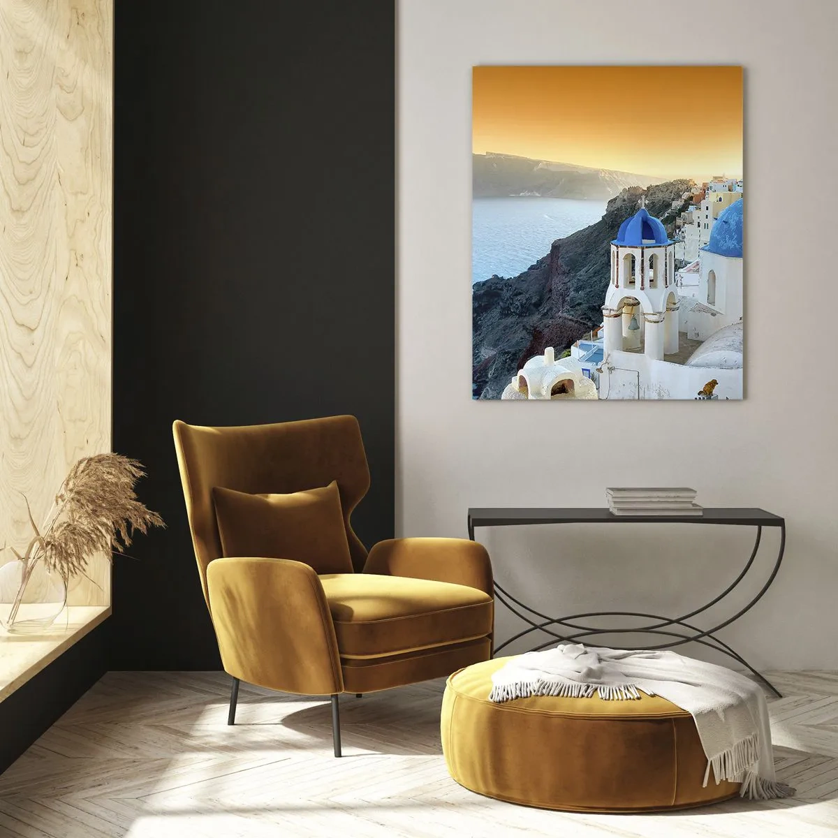 Quadro em vidro - Santorini - abraçada às rochas - 50x70 cm