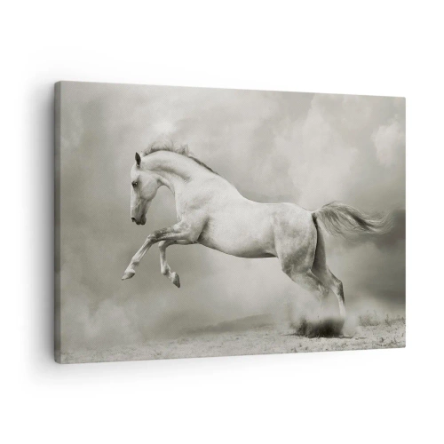 Quadro em tela - Um cavalo branco em um salto dinâmico contra o fundo de nuvens enevoadas. - 70x50cm - Entre o acordar e sonhar - Decoração de parede moderna para a sala de estar e quarto ARTTOR