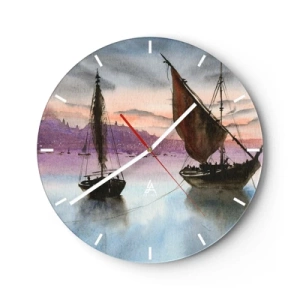 Relógio de parede - Relógio em vidro - Veleiros na água ao pôr do sol - 30x30cm - Noite no porto - Decoração de parede moderna para a sala de estar, cozinha e quarto ARTTOR