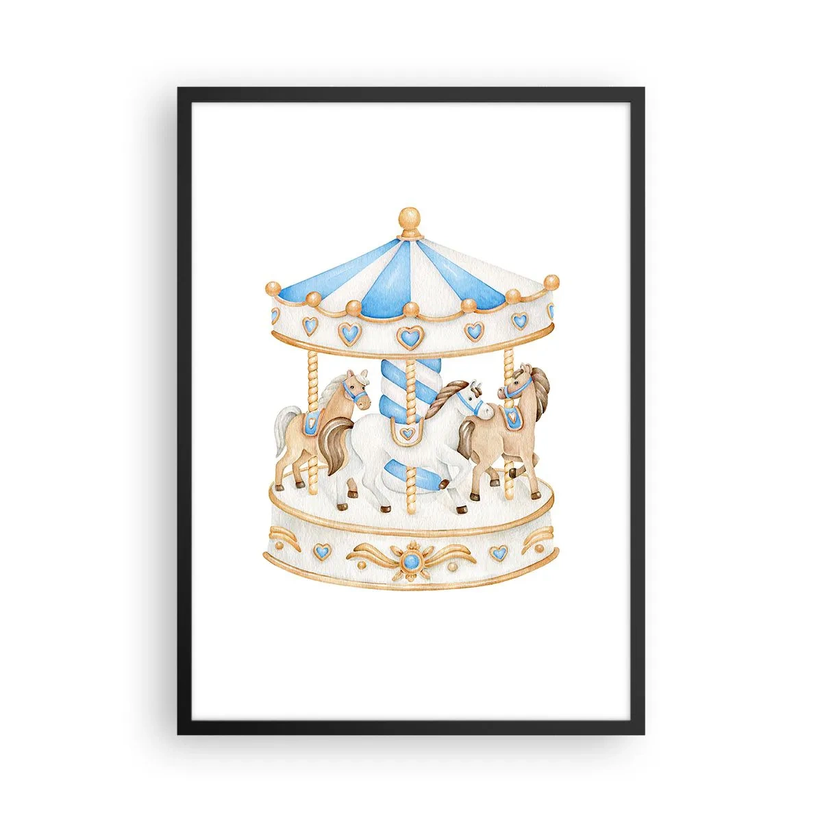 Pôster com moldura preta - Carrossel de aquarela em tons pastéis de azul e dourado - 50x70cm - Doce infância - Decoração de parede moderna para a sala de estar e quarto ARTTOR