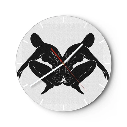 Relógio de parede - Relógio em vidro - Figuras simétricas em preto formando um coração com fogo no centro sobre um fundo claro. - 30x30cm - Uma alma comum - Decoração de parede moderna para a sala de estar, cozinha e quarto ARTTOR
