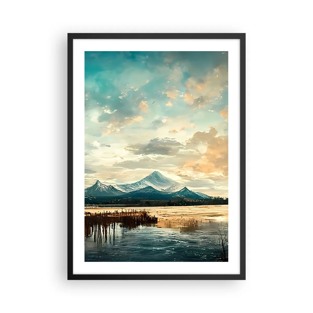Pôster com moldura preta - Paisagem pitoresca de montanha ao pôr do sol - 50x70cm - Sob a proteção do céu - Decoração de parede moderna para a sala de estar e quarto ARTTOR