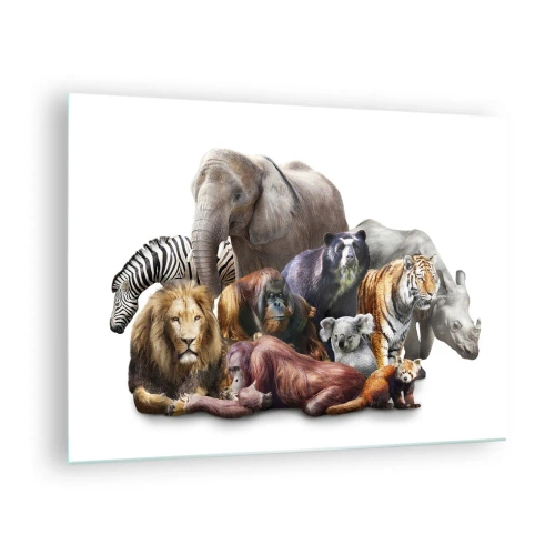 Quadro em vidro - Um grupo de animais selvagens em um fundo branco em uma foto artística - 70x50cm - Fotografia de uma família africana - Decoração de parede moderna para a sala de estar e quarto ARTTOR