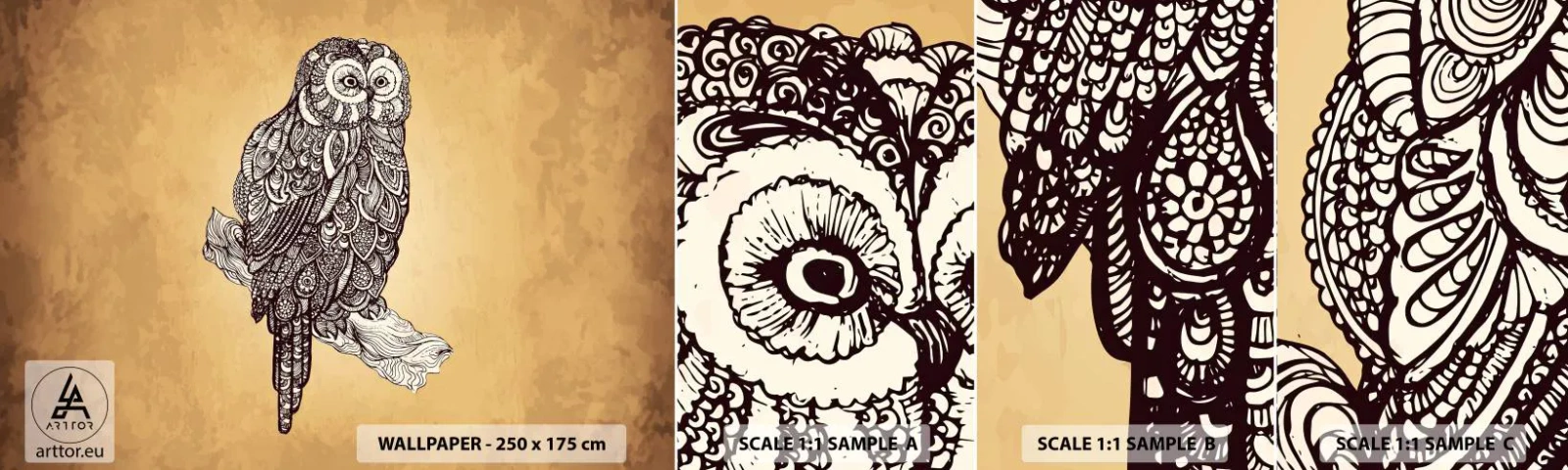 Amostra de Papel de Parede Standard Eco - Ornamentos intrincados de sabedoria - Coruja, Pássaro, Animal - 100x30 cm